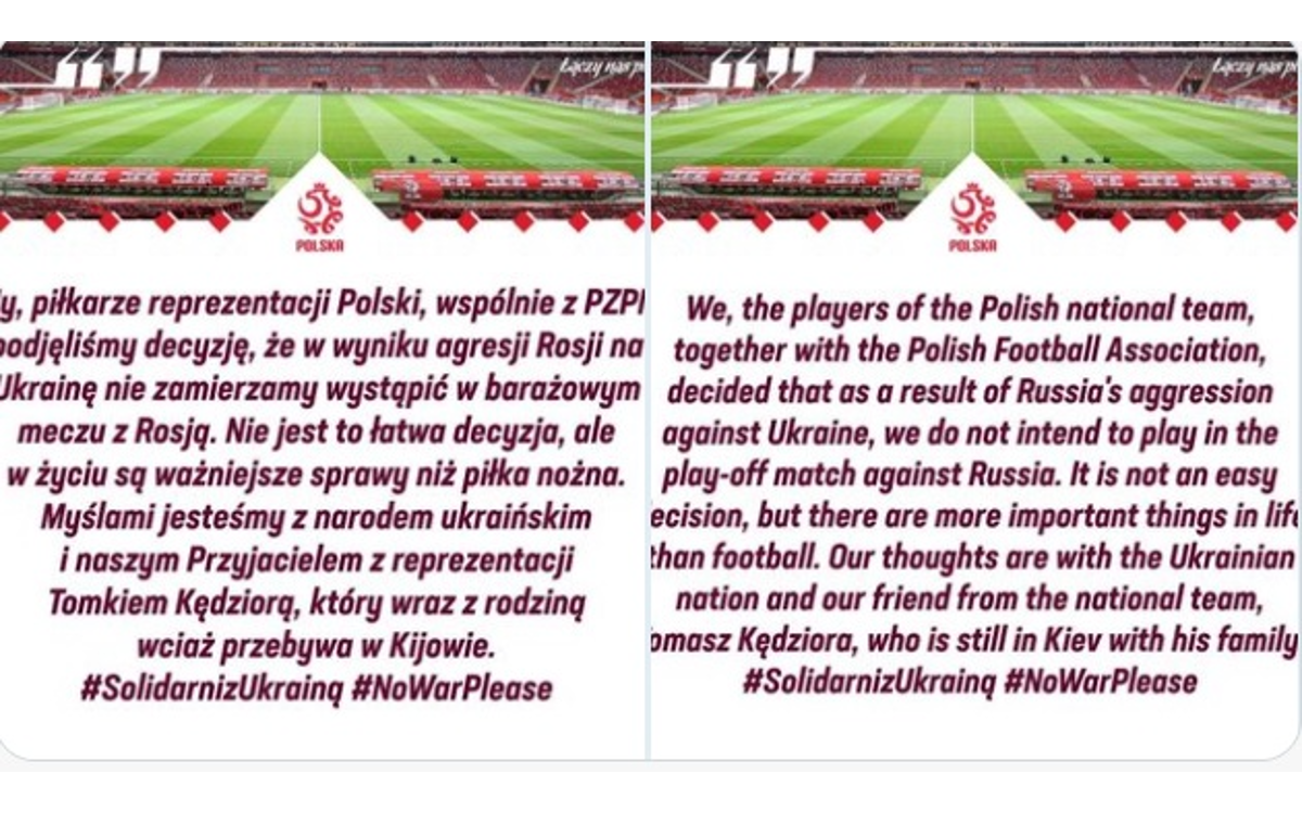 No jugará Polonia el partido de reclasificación mundialista ante Rusia en Moscú | Tuit
