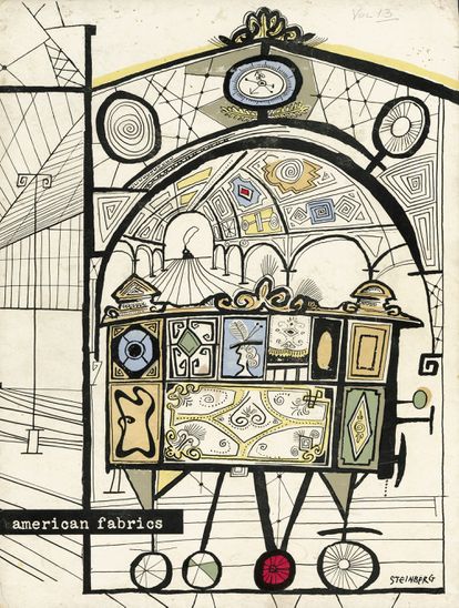 'Libro American fabrics with Steinberg trains book' (1949), del caricaturista Saul Steinberg.