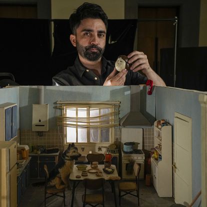 Hugo Covarrubias, director of the Chilean documentary "Bestia," nominated for the 94th Academy Awards in the short film (animated) category, poses for a photo at his studio inside the Mapocho train station that has been turned into a cultural center, in Santiago, Chile, Monday, Feb. 21, 2022. (AP Photo/Esteban Felix)