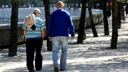 Dos hombres pasean por un parque de Madrid.