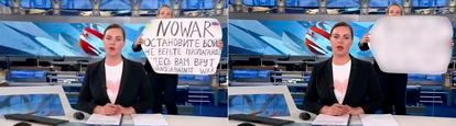 Marina Ovsyannikova durante su protesta en el plató de televisión este lunes.