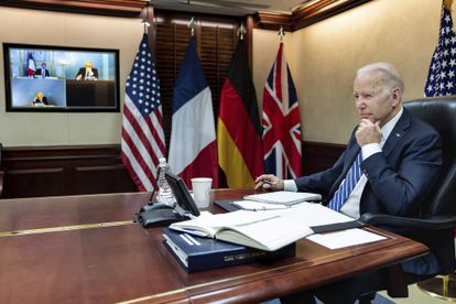 Joe Biden, durante una videollamada con Emmanuel Macron, Boris Johnson y Olaf Scholz el pasado 7 de marzo.
