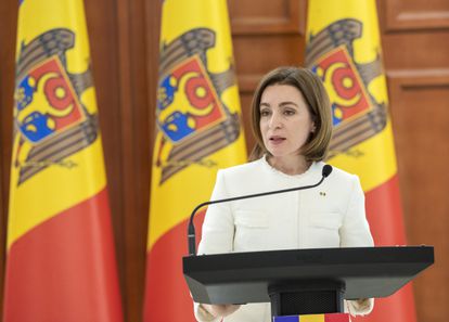 La presidenta de Moldavia, Maia Sandu, durante una rueda de prensa el domingo. 