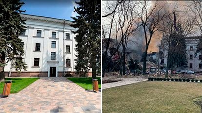 El teatro de Mariupol, antes y después del bombardeo.
