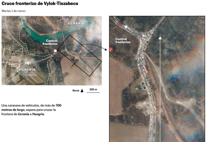 Imagen satélite de los atascos en los puestos fronterizos de Ucrania a Hungría