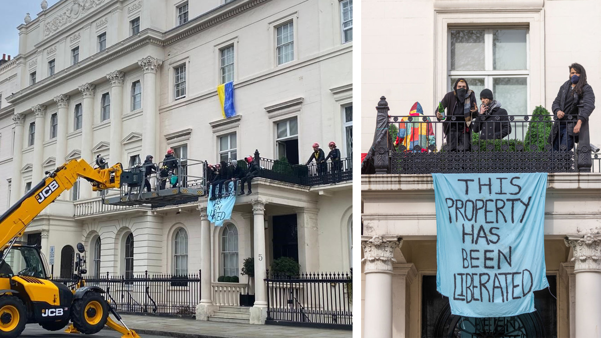 Todos en el balcón: invaden la mansión de un magnate ruso para protestar contra invasión en Ucrania