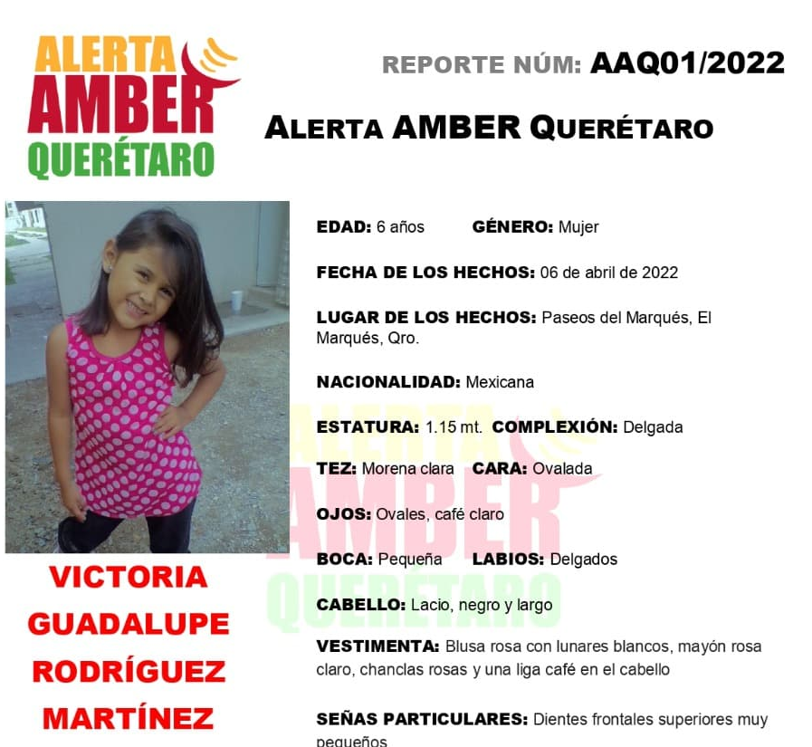 Activan Alerta Amber por Desaparición en Querétaro de una niña de tan solo 6 años, Fiscalía ya la busca