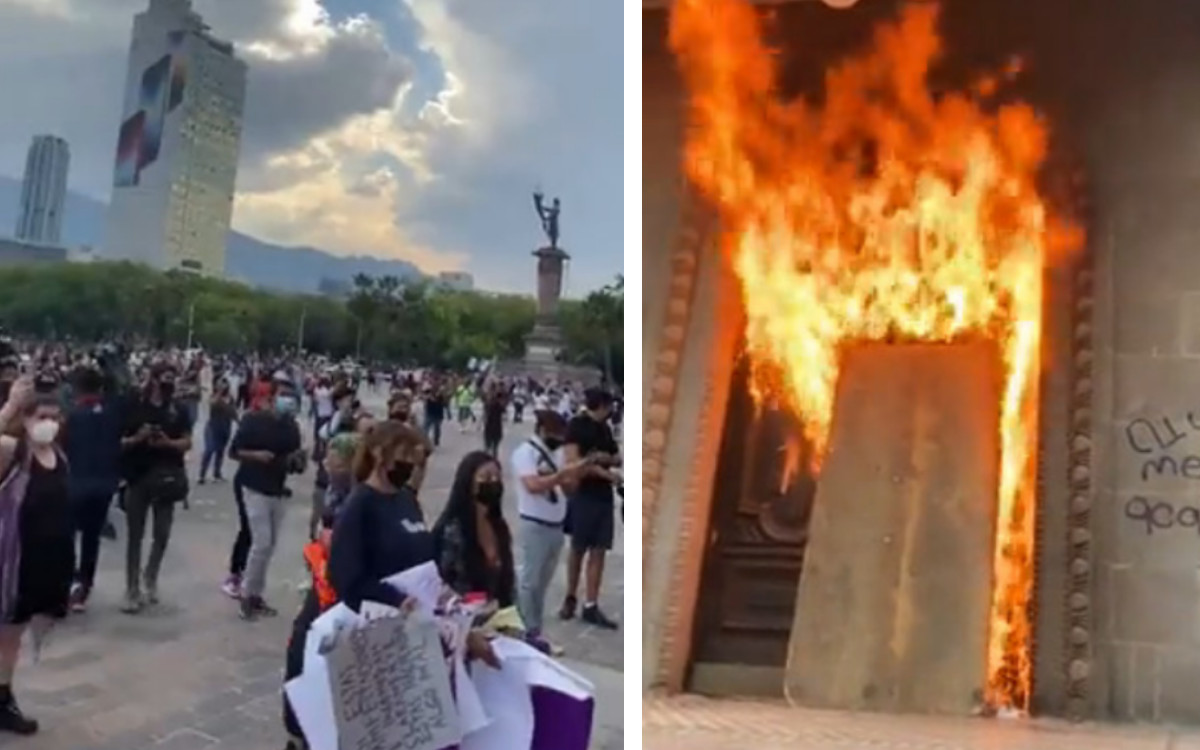 Exigen Justicia para María Fernanda; queman puerta de palacio de gobierno de NL