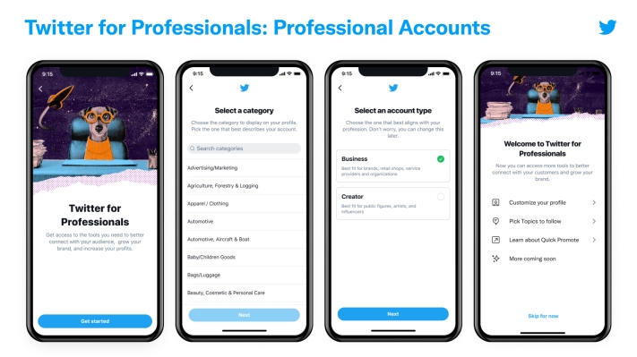 La configuración del perfil 'Cuentas profesionales' de Twitter ahora está disponible para todos los usuarios