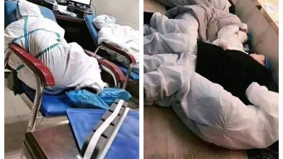La imagen de médicos chinos exhaustos por el coronavirus se vuelve viral