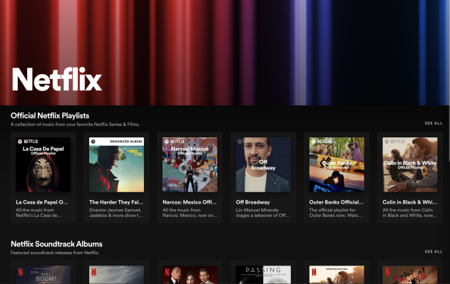 Spotify estrena un ‘Netflix Hub’ con música y podcasts vinculados a programas y películas de Netflix