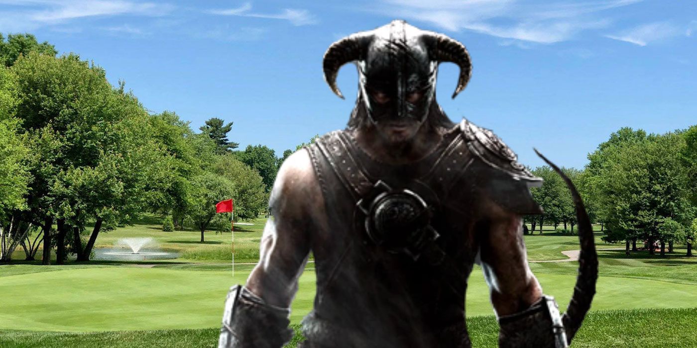 Jugador va a jugar golf en Skyrim, usa NPC para pelotas de golf