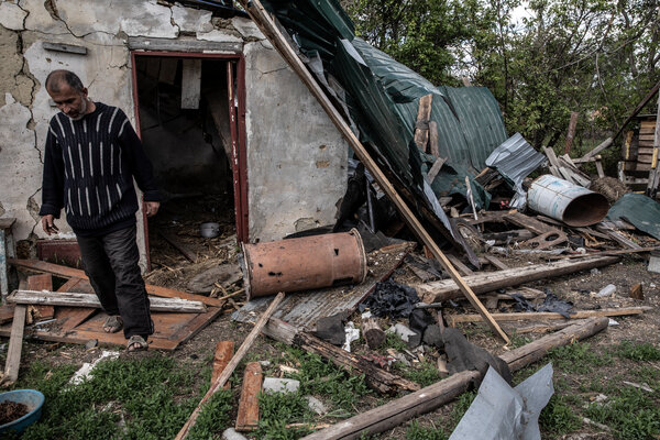 A home destroyed by bombardment in the village of Vilkhivka, near Kharkiv, Ukraine. The village had been occupied for weeks by Russian forces.