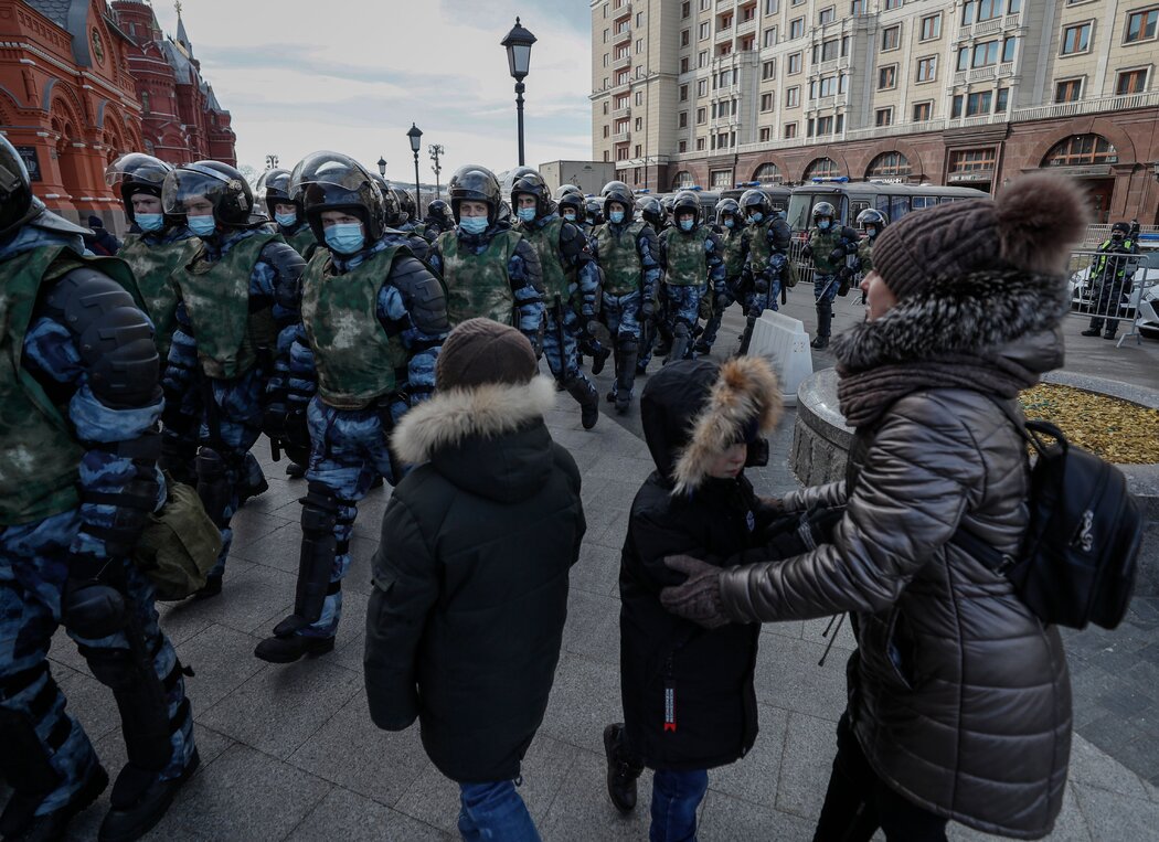 A photo of police deployed to quell an antiwar protest in Moscow, Russia.