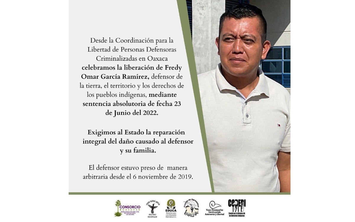 Liberan a Fredy García, defensor comunitario en Oaxaca