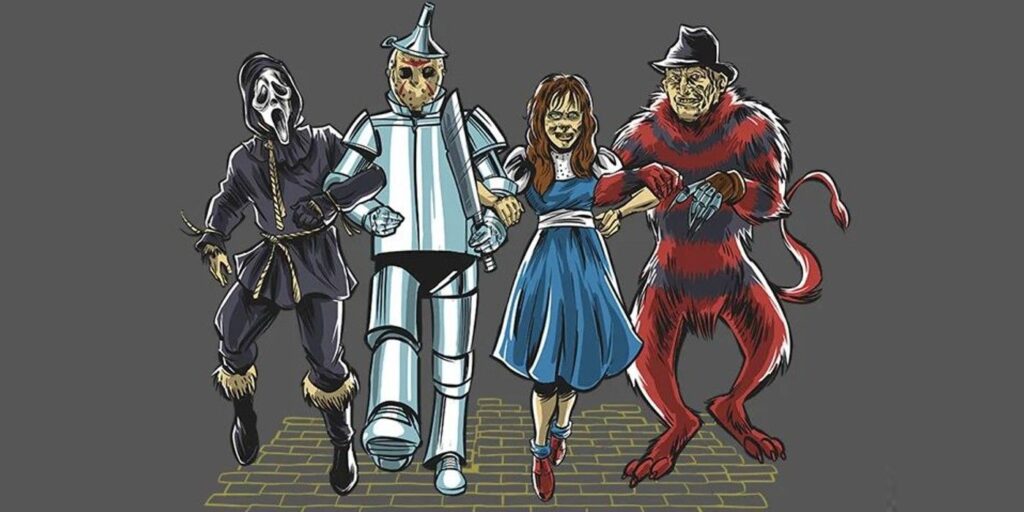 El equipo del Mago de Oz recreado con íconos de terror en un extraño arte cruzado