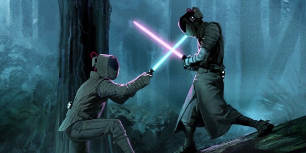 Leia se enfrenta a Luke con un sable de luz púrpura en Early Rise of Skywalker Art