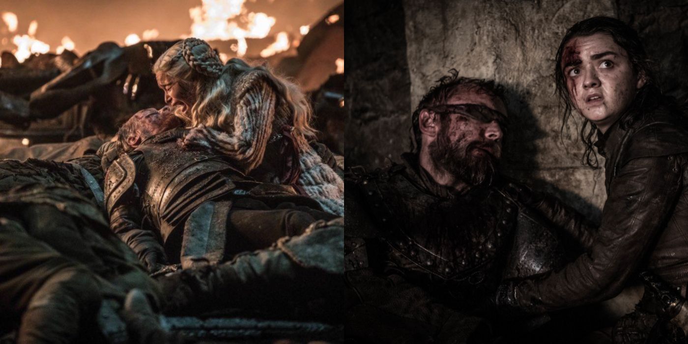 Split image of Jorah Mormont and Beric Dondarrion dying in the arms of Daenerys and Arya in Game of Thrones