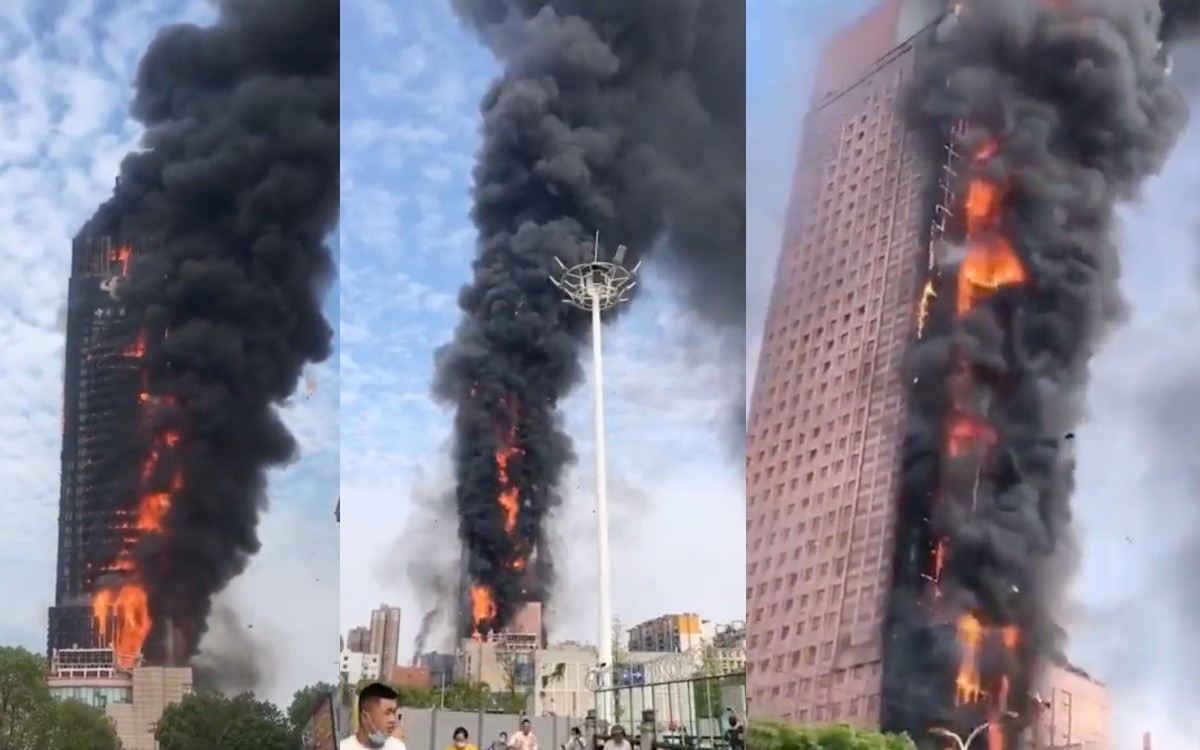 Incendio devora rascacielos de 218 metros de altura en China | Videos