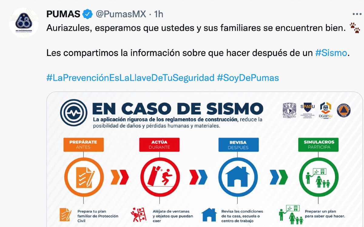Mandan Liga MX y clubes buenos deseos a la población, tras el sismo | Tuits