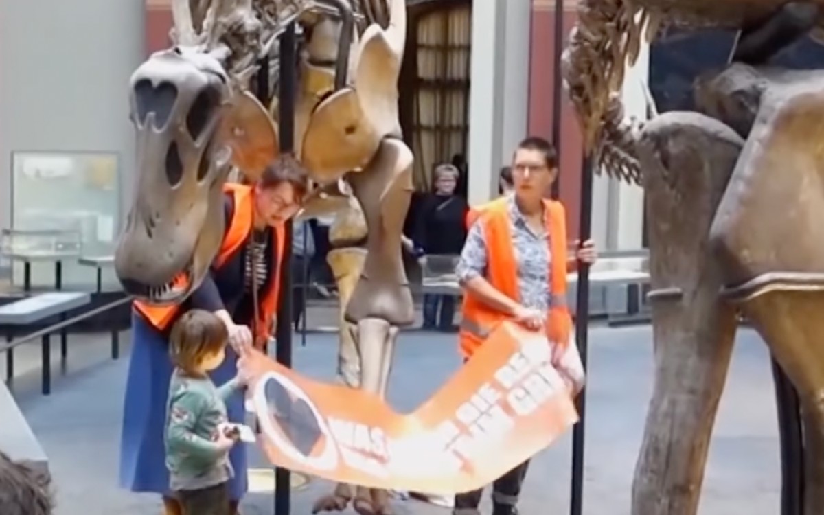 ‘¿Queremos extinguirnos o sobrevivir?’ Activistas climáticos se pegan a esqueleto de dinosaurio