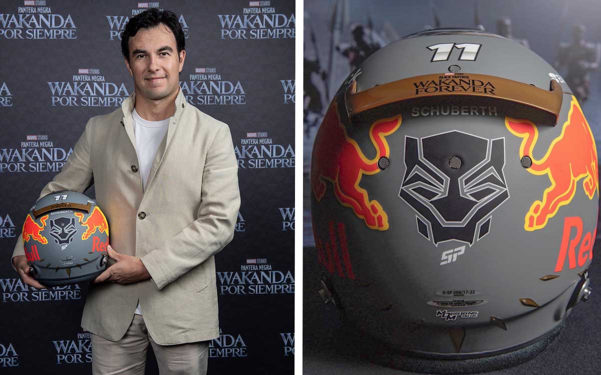 ‘Checo’ Pérez presenta el casco de ‘Black Panther’ que usará en Brasil | Fotos
