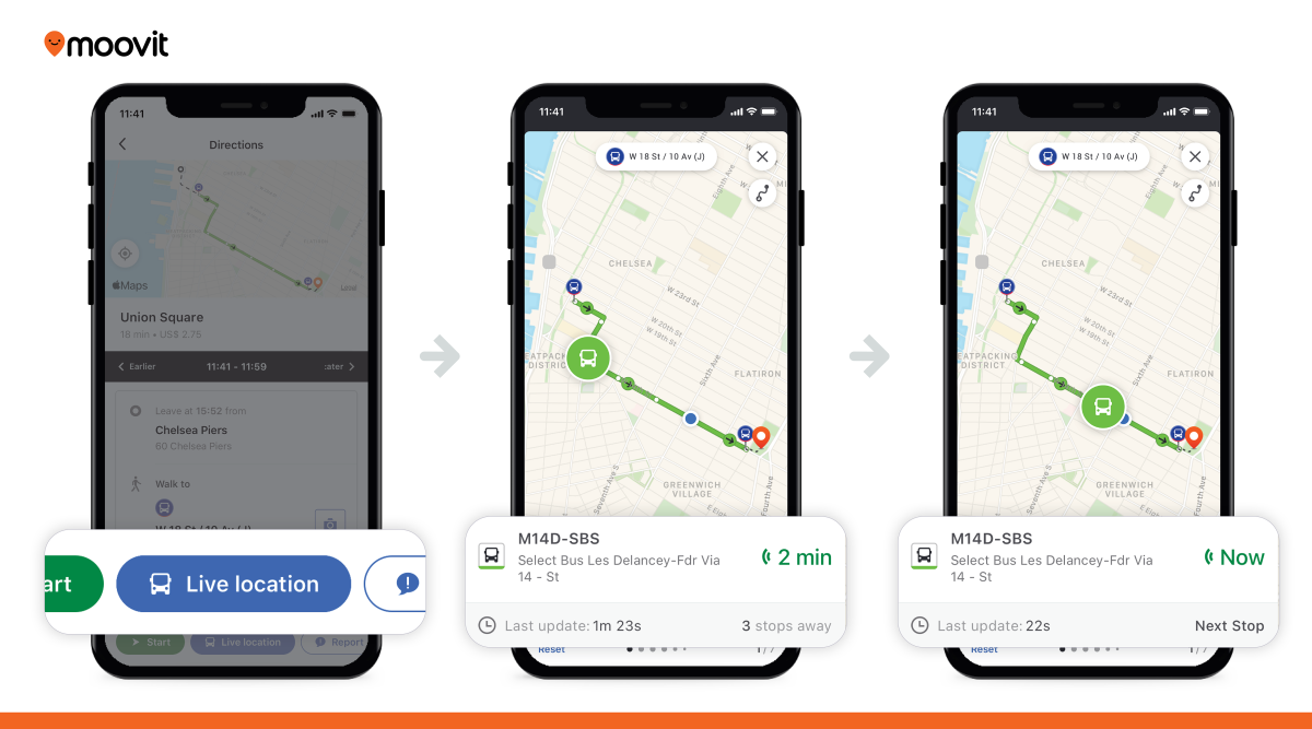 Los usuarios de Moovit ahora pueden rastrear los vehículos de tránsito en el mapa en tiempo real