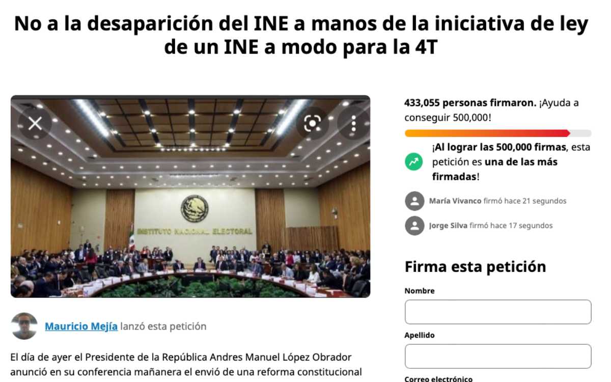 Se acerca a 500 mil firmas la petición en Change.org por la "No desaparición del INE"