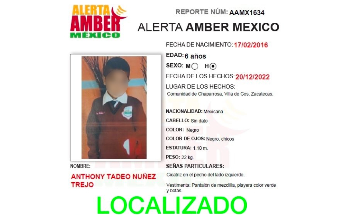 Localizan a Teo, niño de 6 años secuestrado en Zacatecas