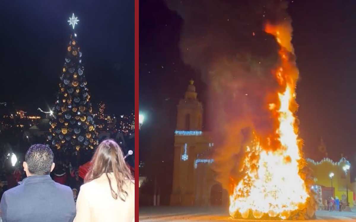 Se incendia monumental árbol de navidad en Querétaro
