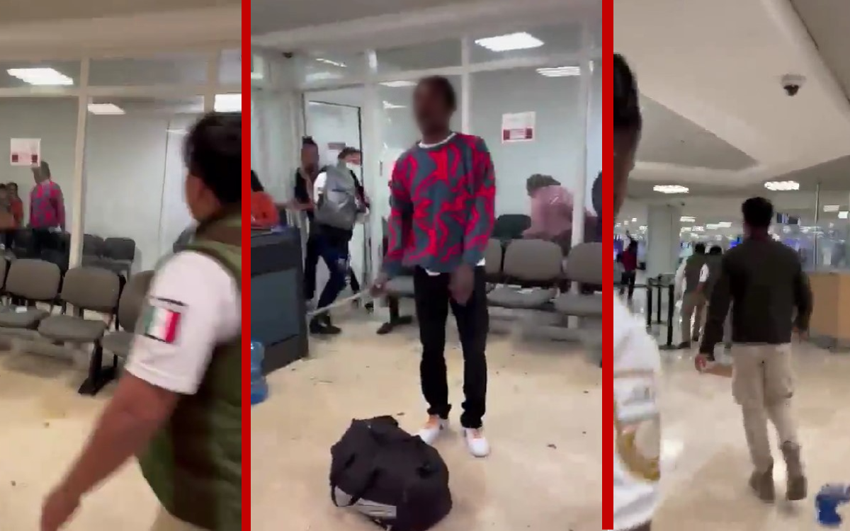 Sujeto amenaza con un vidrio a pasajeros y agentes de INM en aeropuerto de Cancún | Video