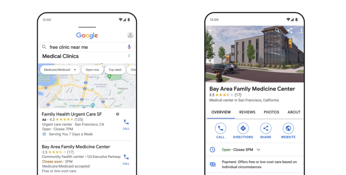 Google está facilitando la búsqueda de centros de salud de bajo costo en los resultados de búsqueda