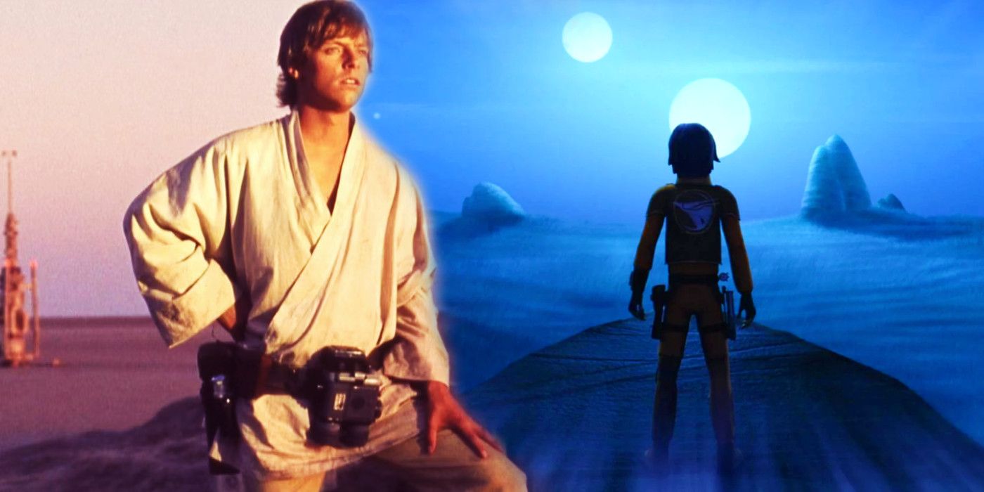 Luke Skywalker looking at the twin suns on Tatooine and Ezra Bridger look at the twin moons on Lothal.