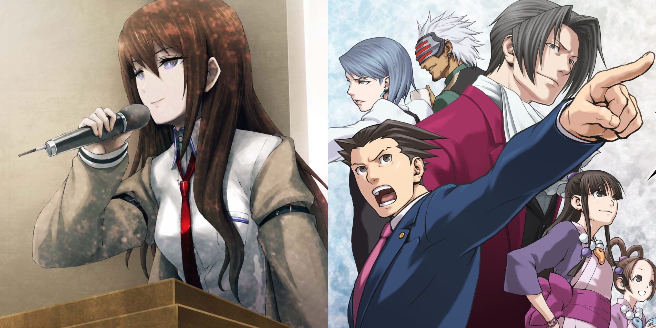 Featured image Makise Kurisu speaks into a microphone in the Steins Gate visual novel and Phoenix Wright trilogy cover art