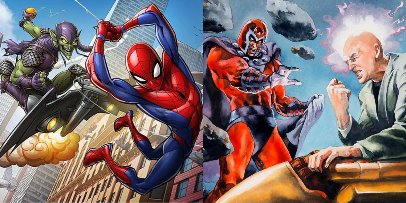 Side by side images of Spider Man and the Green Goblin next to Magneto and Professor X.