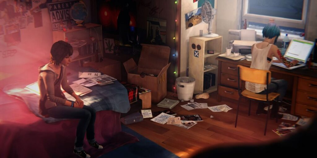 Max sitting on her bed and Chloe at the desk on the computer in Life is Strange