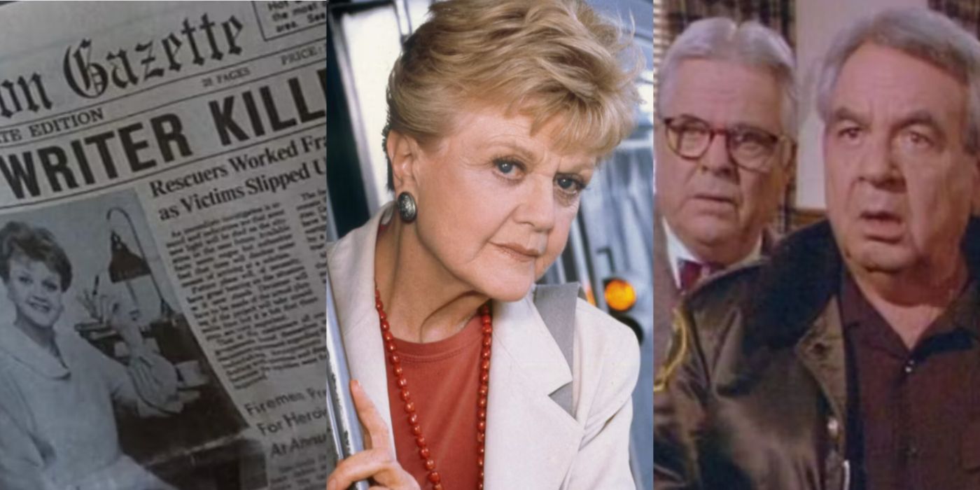 A split image features a newspaper headline, Jessica Fletcher, and Dr. Hazlitt with Sheriff Tupper in Murder, She Wrote