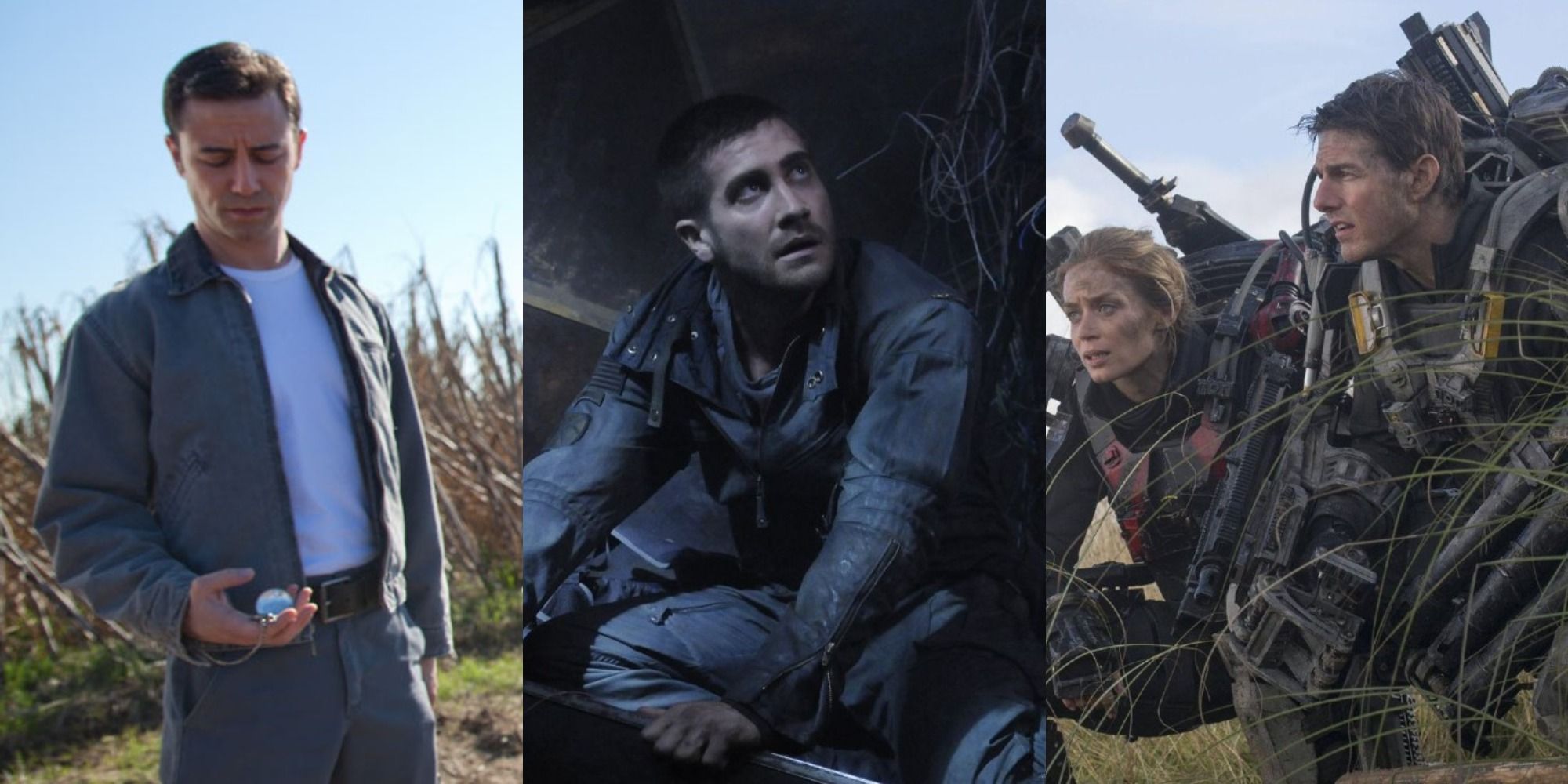 Side by side images of Joseph Gordon-Levitt in Looper, Jake Gyllenhaal in Source Code and Emily Blunt and Tom Cruise in Edge of Tomorrow
