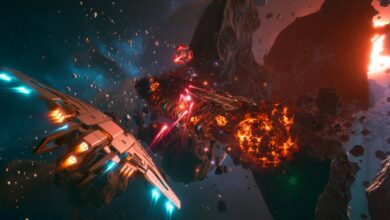 A screenshot of Everspace 2 shows the players ship boosting towards an exploding spacecraft while a star shines light through a collection of destroyed asteroids.