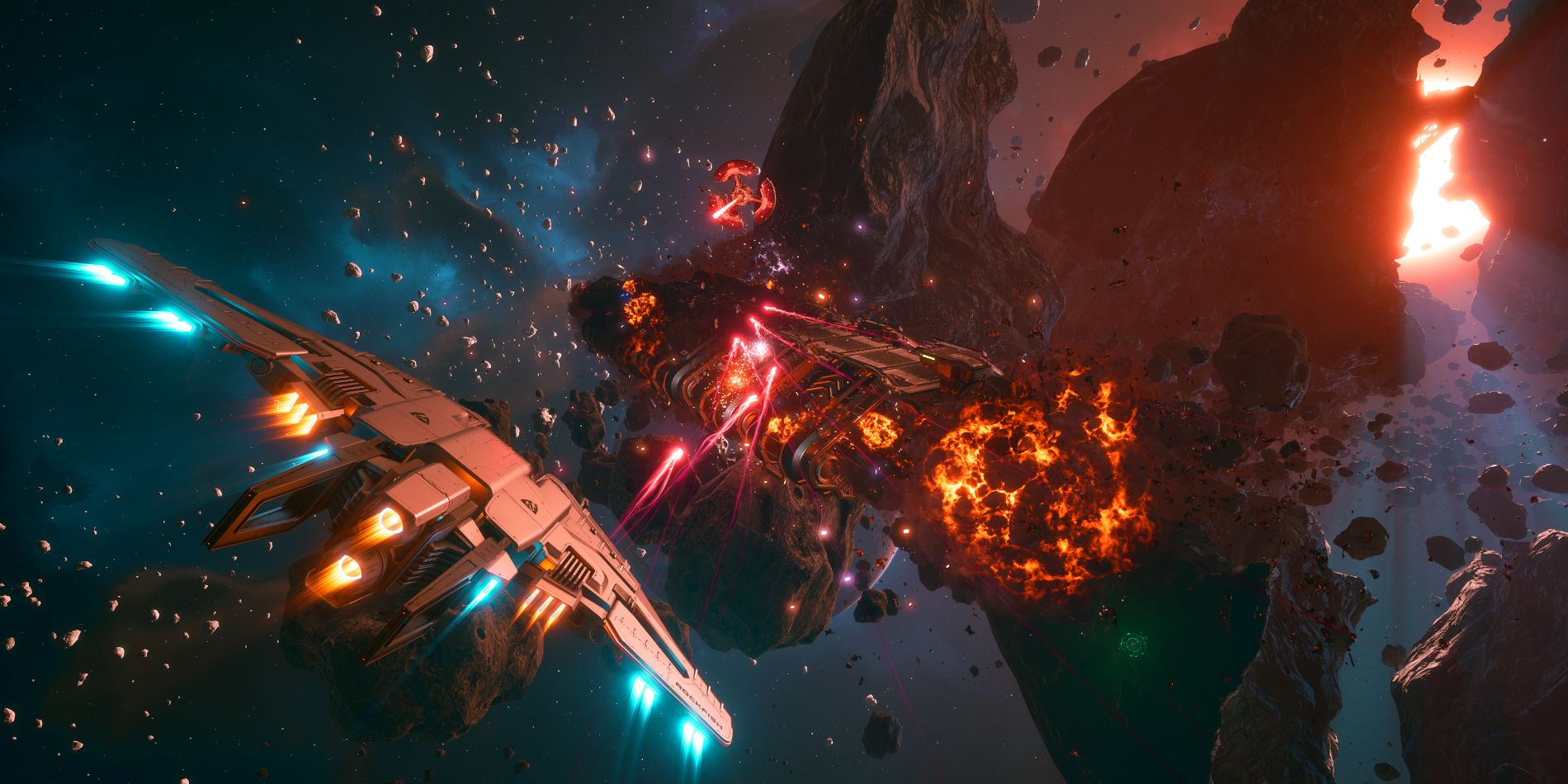 A screenshot of Everspace 2 shows the players ship boosting towards an exploding spacecraft while a star shines light through a collection of destroyed asteroids.