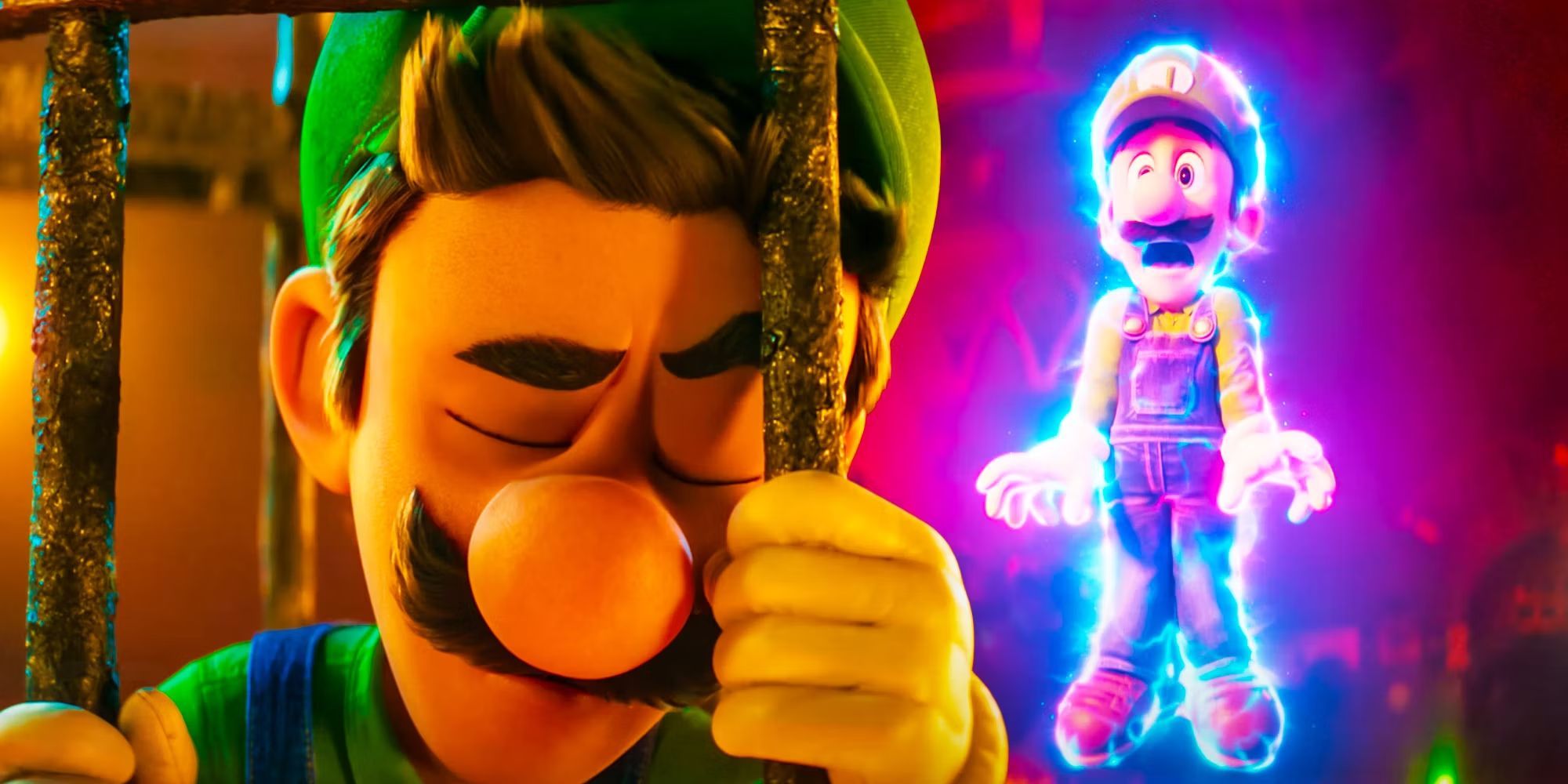 Two images of Luigi in The Super Mario Bros. Movie