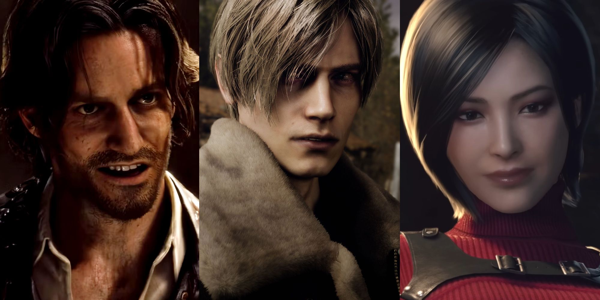 A vertically split image showing close-ups of three Resident Evil 4 characters in the remake - Luis, Leon, and Ada.