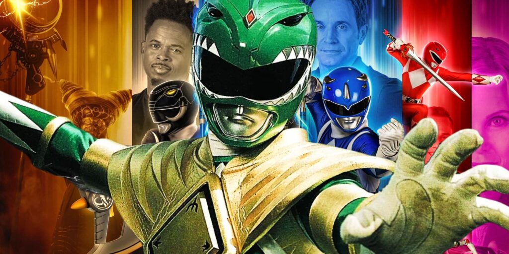 The Green Ranger Tommy in front of the Mighty Morphin Power Rangers Once & Always poster featuring Rita Repulsa, Zack, Billy, Rocky, and Kat