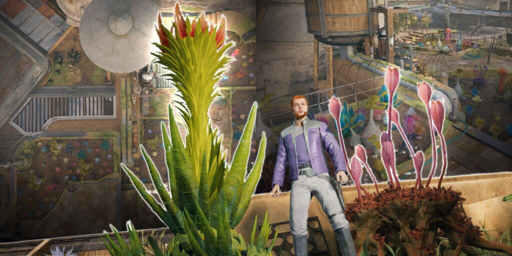 image of cal kestis from star wars jedi survivor infront of plants and the garden plot behind