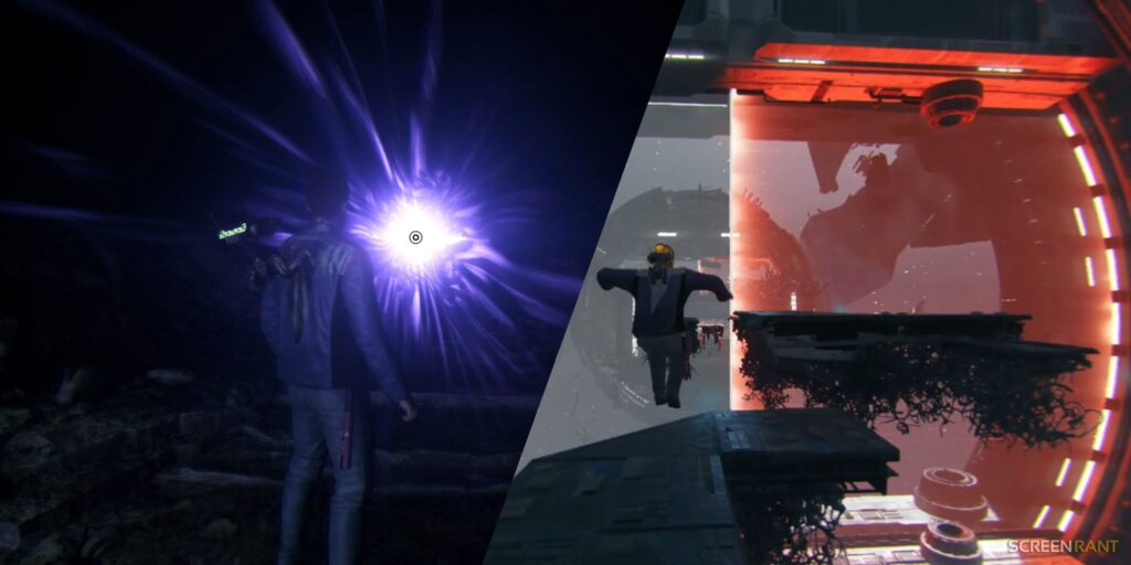 left: purple glowing entrance to fractured resolve force tear, right: cal jumping over platforms in star wars jedi survivor