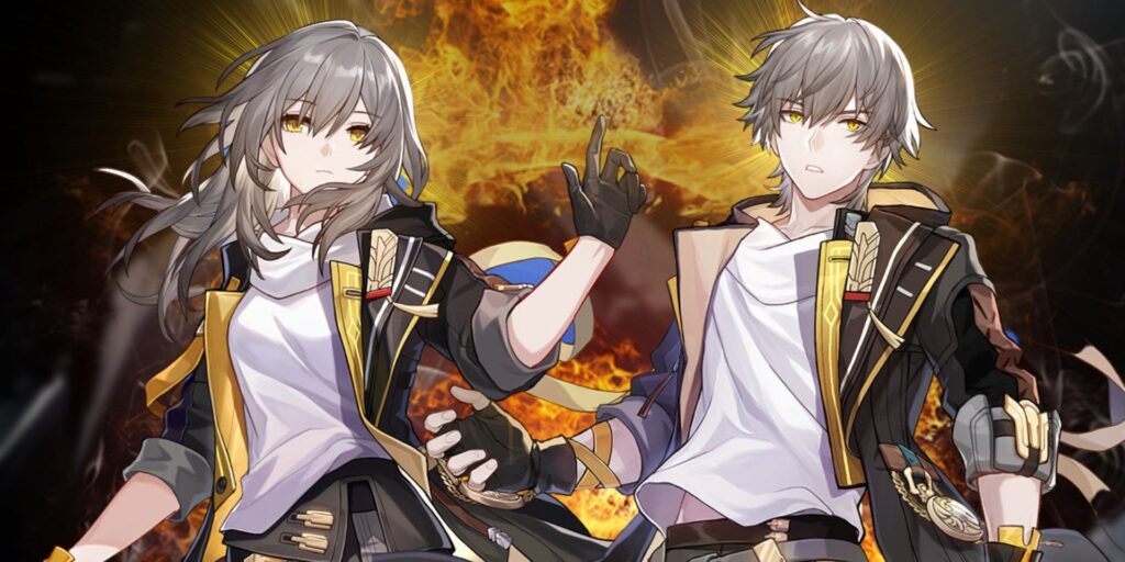 Honkai Star Rail's female Trailblazer to the left and the male version to the right. Behind them are rising flames.