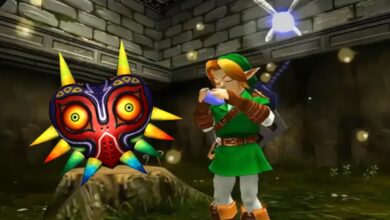 Link In Ocarina Of Time With Navi And Majora's Mask sitting on a nearby tree stump