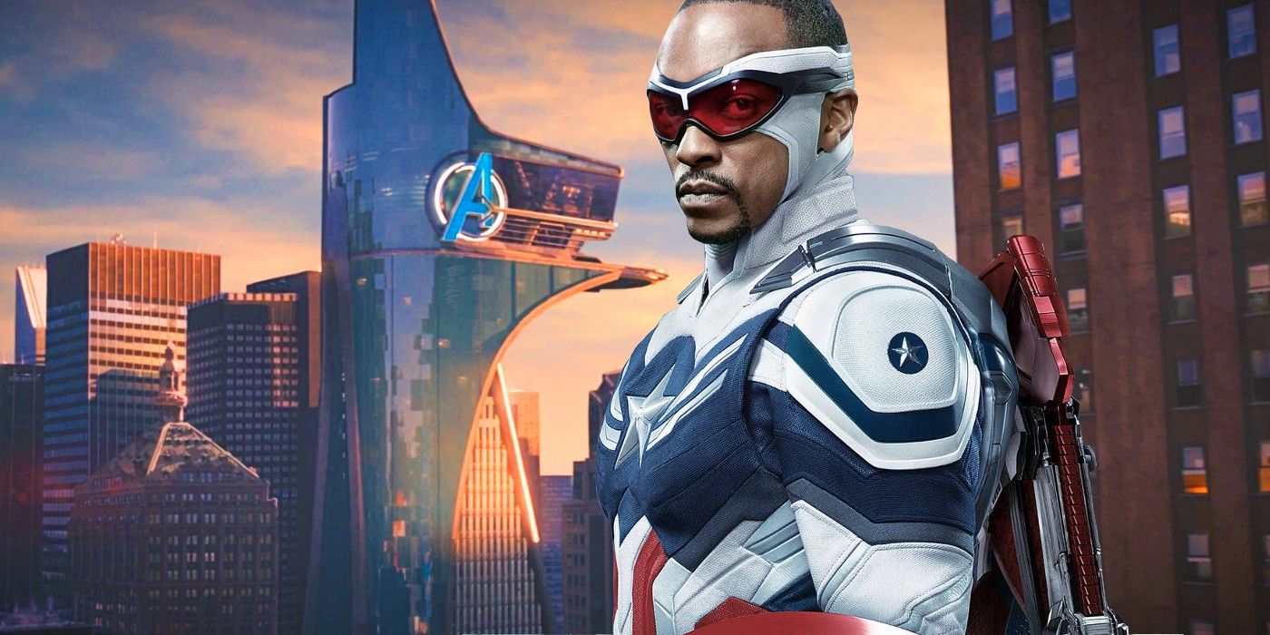 Sam Wilson Captain America in front of Avengers Tower
