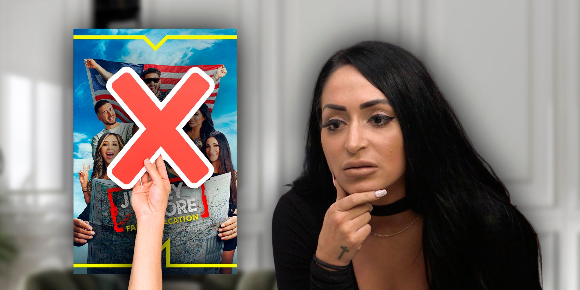 Jersey Shore Family Vacation's Angelina looking serious with an X over the show's promo poster