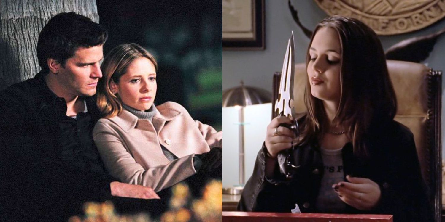 A split image of Buffy and Angel and Faith looking at a dagger in Buffy The Vampire Slayer